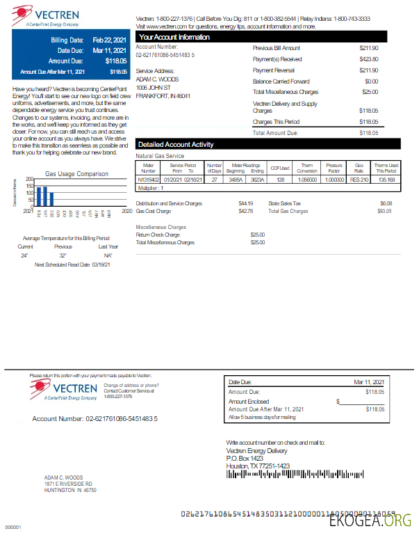 Usa Vectren utility bill word and pdf template